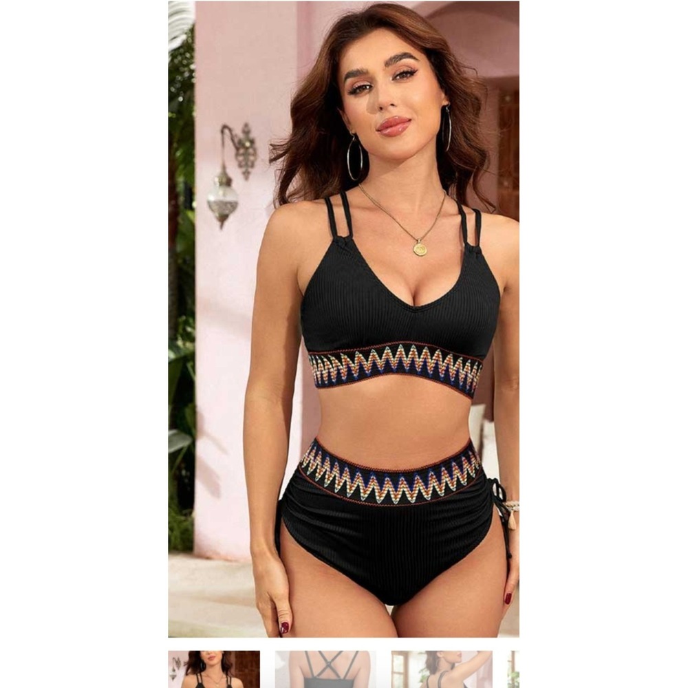 NWOT Viola Ribbed Knit Tribal Contrast High Waist Black Bikini Set Size Small‎